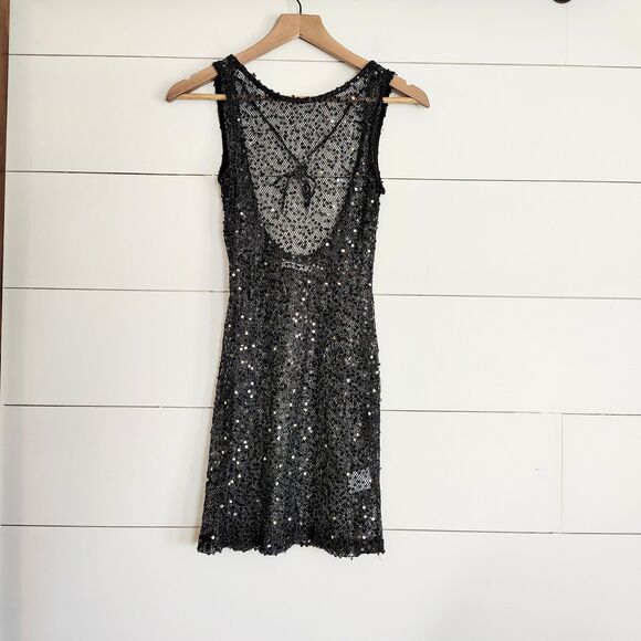 Peppermayo XS S All Over Sequin Mini Slip Dress Black Sheer Club Whimsigoth Dark - Picture 1 of 7